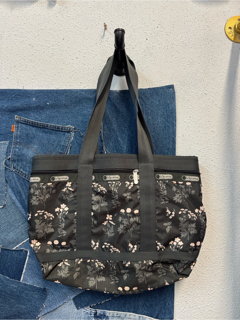 Lesportsac Black Floral Tote with beige Accents